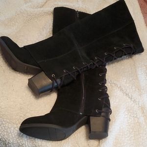 Sexy Fergalicious black suede lace up detail boots